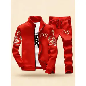 Men's Stylish Tracksuit Set with Floral Embroidery & NY Logo Full Zip Jacket Drawstring Joggers for Daily Casual Wear Stand Collar Gold