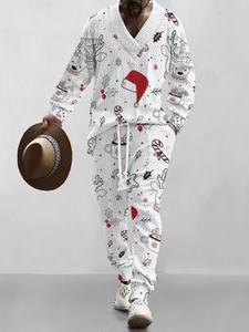[Holiday Haul]KZZ Christmas White Vneck Men's Two-piece Set Solid Jacquard Drop Shoulder Top & Drawstring Waist Pants Regular Fit Casual Formal Fashion Long Sleeve Pullover & Pocket Trousers for Daily Wear christmas gifts for him