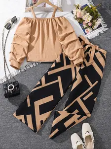Three-piece Set Girl's Cold Shoulder Top & Geometric Print Pants & Belted Set, Casual Fashion Three-piece Outfits for Daily Outdoor Wear, Girls Set for Spring Fall