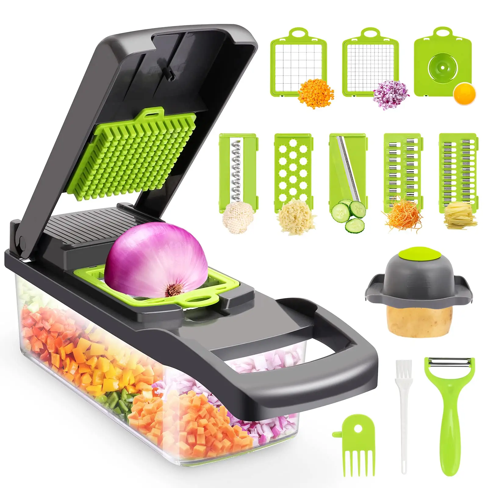LIMITLESS 13-in-1 Vegetable Chopper: Multifunctional Onion Slicer, Dicer with 8 Blades, Colander Basket, and Container for Salads Kitchen Utensils Coo