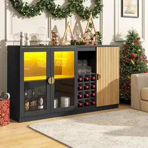 55" Modern Liquor Home Coffee Cabinet with Wine Rack and Glass Holder, Wine Bar Cabinet with LED Lights,Large Sideboard and Buffet Cabinet with Storage for Kitchen Dining Room, Black