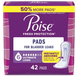 Poise Incontinence Pads & Postpartum Incontinence Pads, 6 Drop Ultimate Absorbency, Long Length, 42 Count, Packaging May Vary