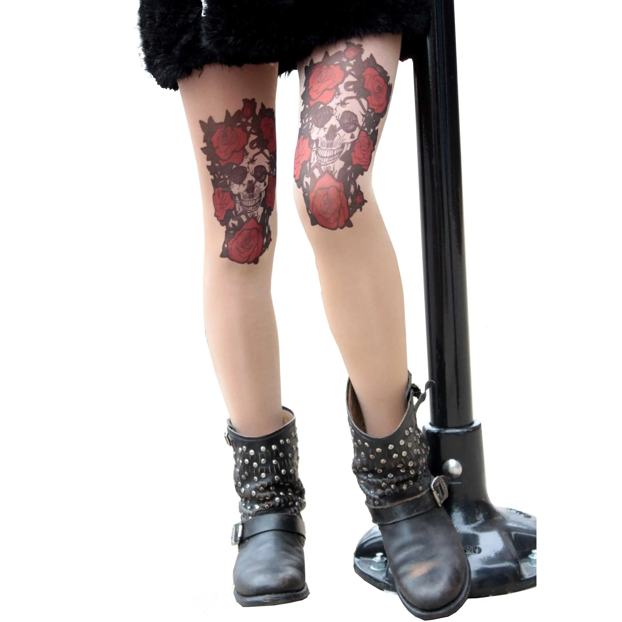 Beige Skull & Roses Tattoo Tights For Women