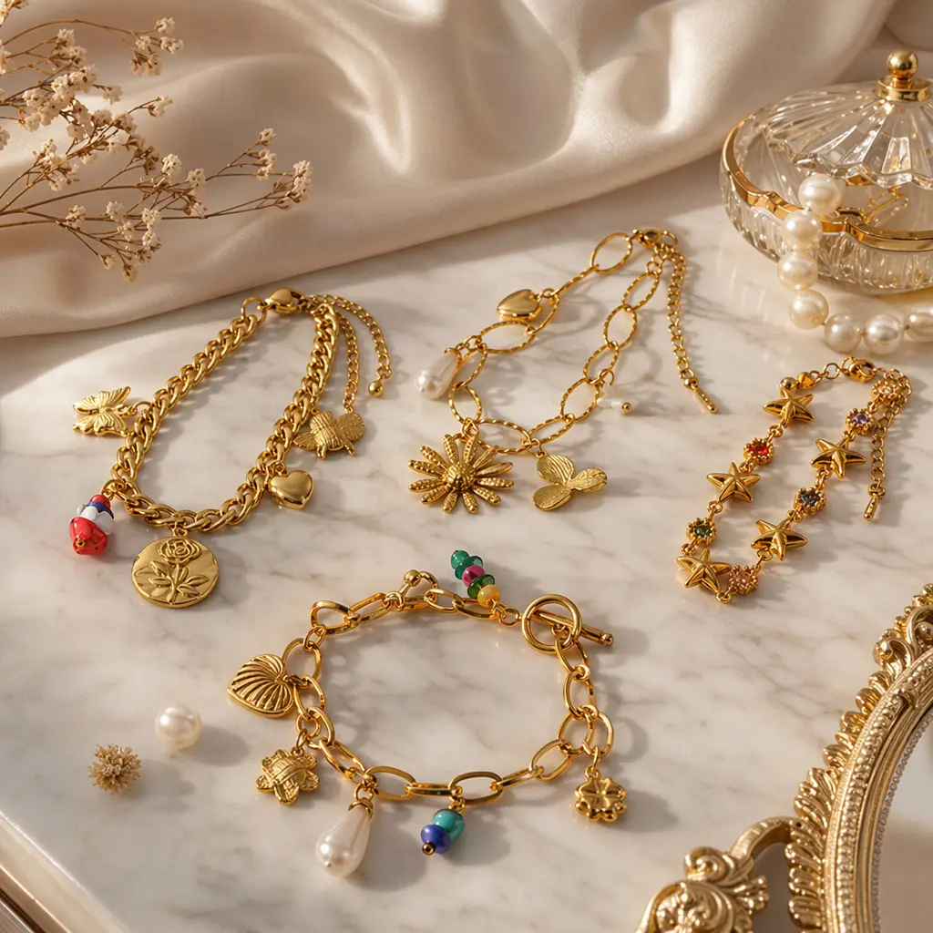 18K Gold Plated Stainless Steel Charm Bracelet, Heart Shell Flower Pearl Beaded Toggle Link Chain Bracelet, Boho Dangle Charms Bracelet for Women Daily Jewelry affordable