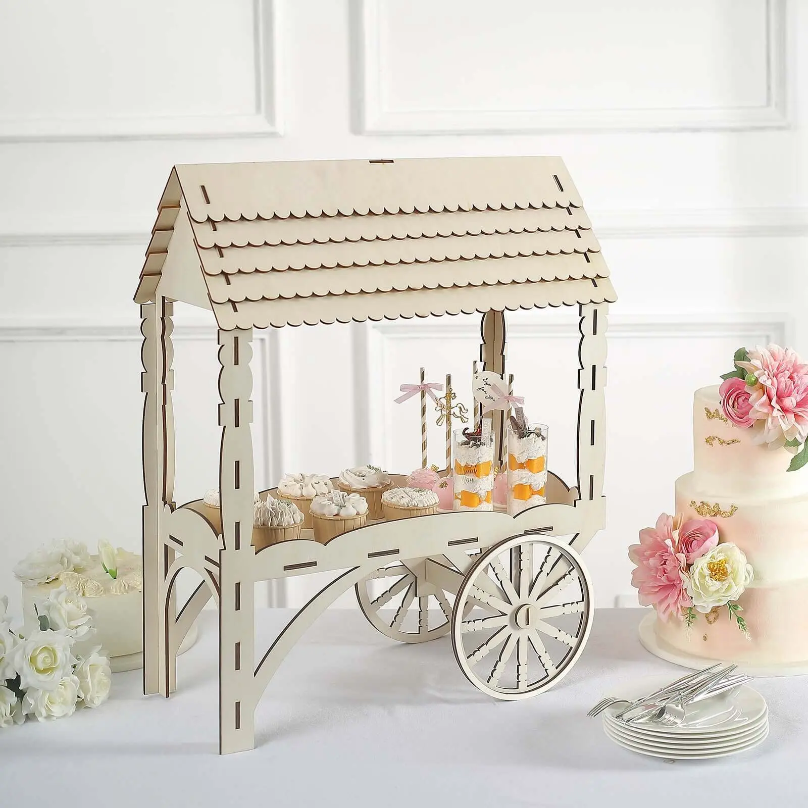 25" Tabletop Mini Wooden Dessert Display Rack - Natural Candy Cart Sweet Stall, Wedding Cupcake Stand for Home & Festive Parties, Organiser