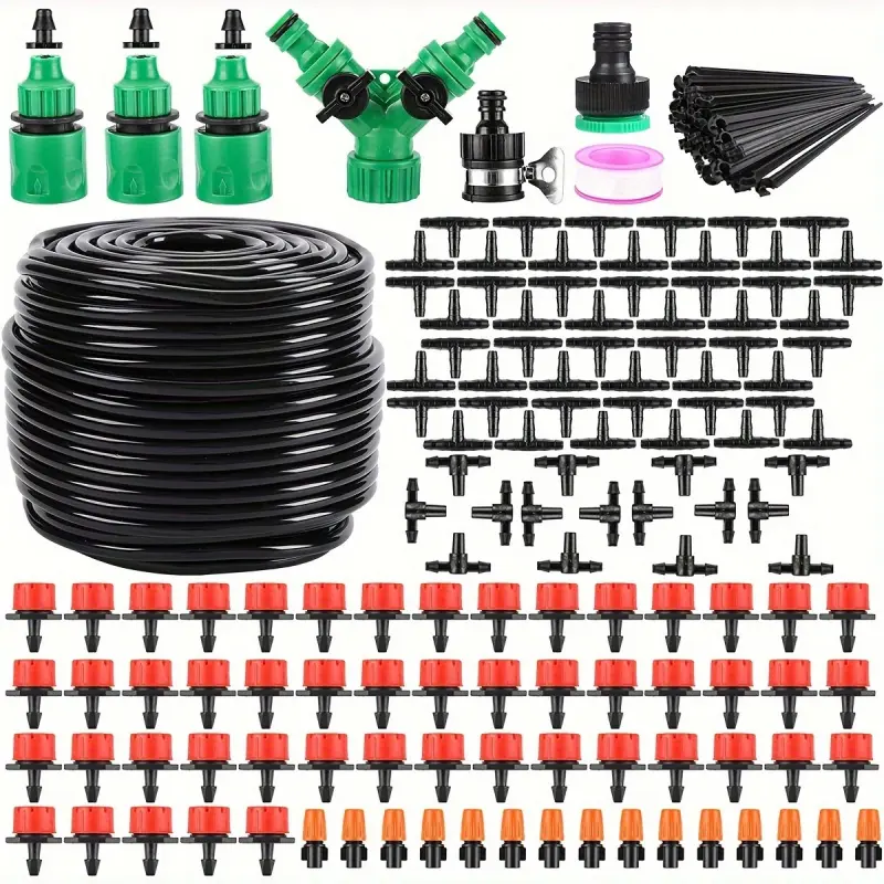 164ft 200pcs Drip Irrigation Kit, Garden Irrigation System 1/4" Blank Distribution Tubing Watering Drip Kit Automatic Irrigation Equipment Plant Watering System for Garden Greenhouse, Flower Bed,Patio,Lawn (164ft)