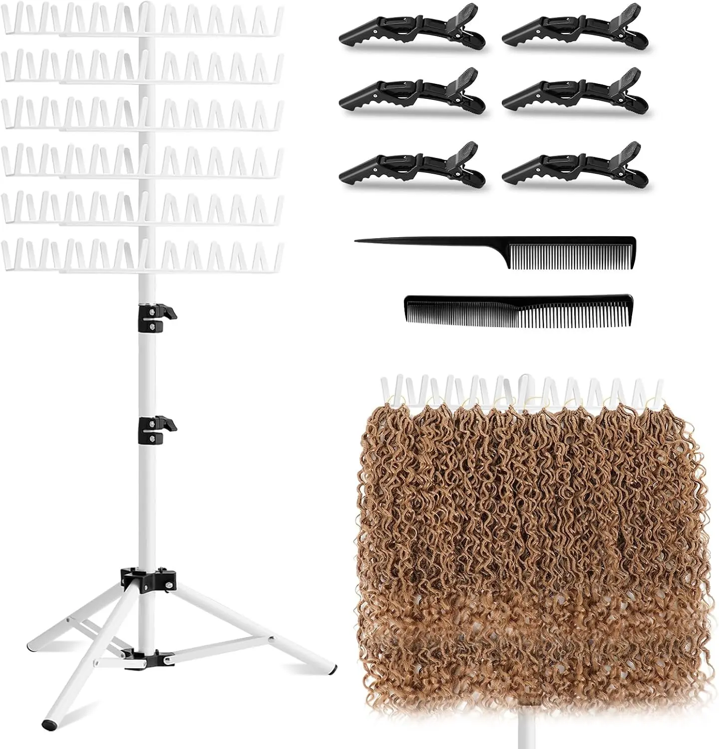 144-Peg Hair Braiding Standing Rack - 2-Sided Height-Adjustable Home Organizer Storage Holder with Stylist Braiding Tools, Height Adjust