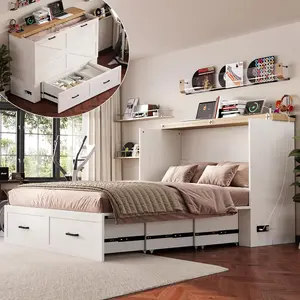 Queen Murphy Bed with Charging Station,Farmhouse Murphy Cabinet Bed with Large Storage Drawer,Hideaway Foldable Platform Bed for Guest Bedroom, Living Room, Small Room,Pull Out Bed (White)