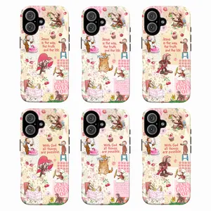 Coquette Pink Curious George Phone Case | Cute Floral Patchwork – Cottagecore Cherry & Cat | Christian Bible Verse Phone Cover for iPhone 16 15 14 13 12 11 Pro Max X XR XS & Galaxy S25 S24 S23 S22 S21 | Inspirational Scripture, Religious Faith, God Jesus