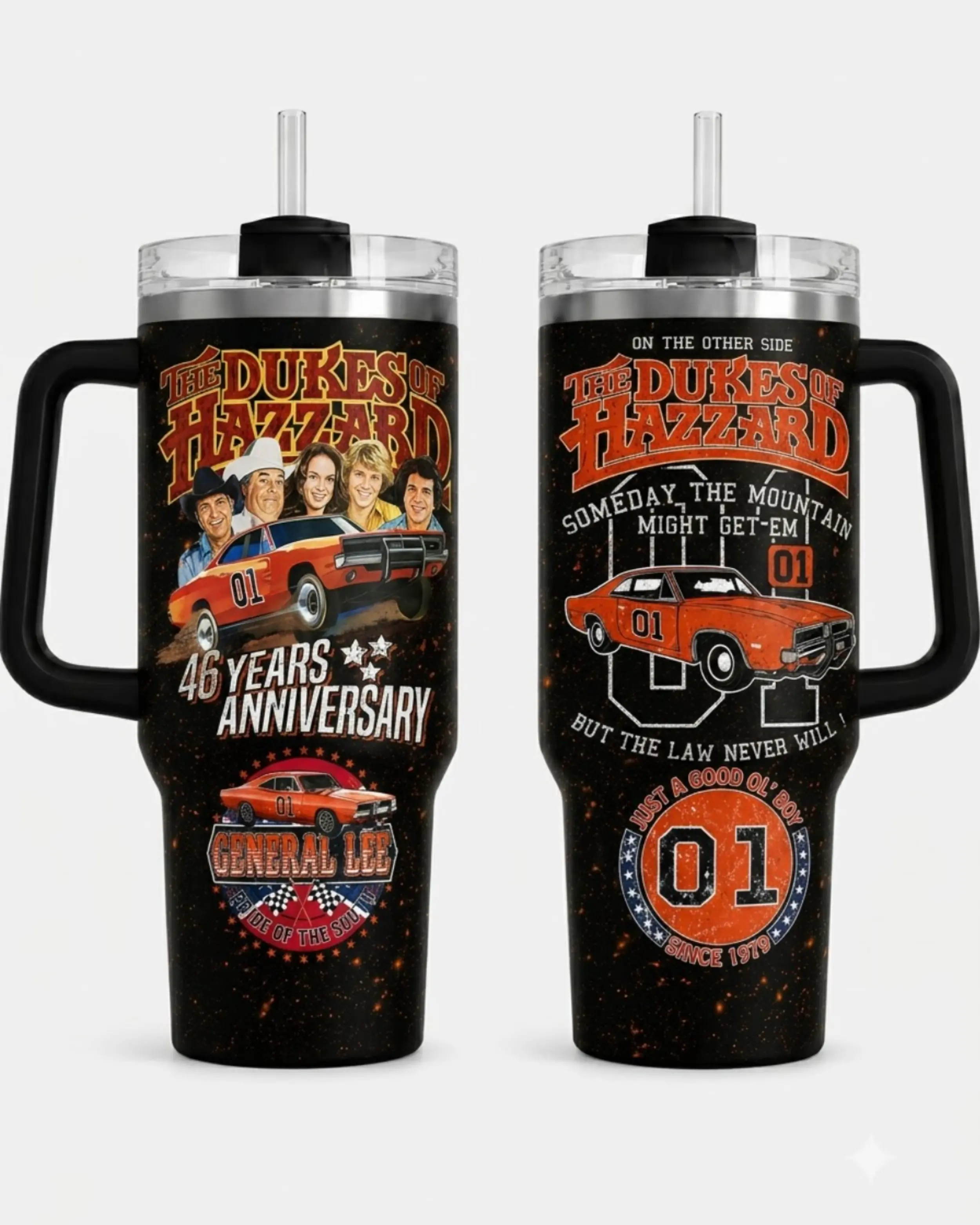 The Dukes of Hazzard General Lee 01 Insulated Stainless Steel Tumbler - 30oz/40oz With Handle & Lid, Vintage Orange Printed Classic TV Show Fan Cup With Retro Car Cast Graphic, Vintage Americana Gift