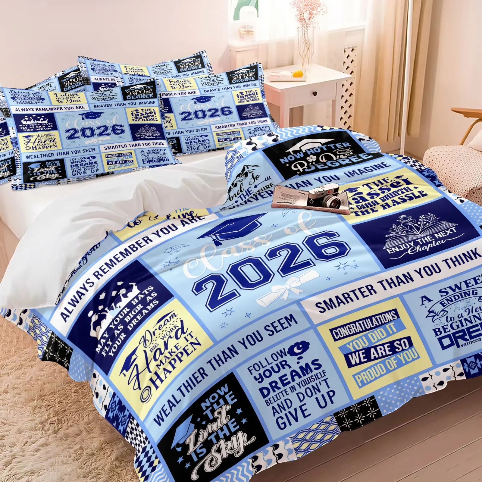 2026 Graduation Memory Duvet Cover Set and 1-2 Coreless Pillowcases, IInspirational Quotes, Blessings, Graduation Cap and Certificate Grid Collage, Comfortable Soft Youthful Motivational Style Bedroom Decor, Gift Choice