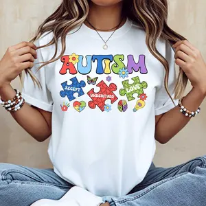 Autism Awareness Puzzle Pieces And Flowers Print T Shirt Crewneck Casual Wear For Autism Support And Awareness