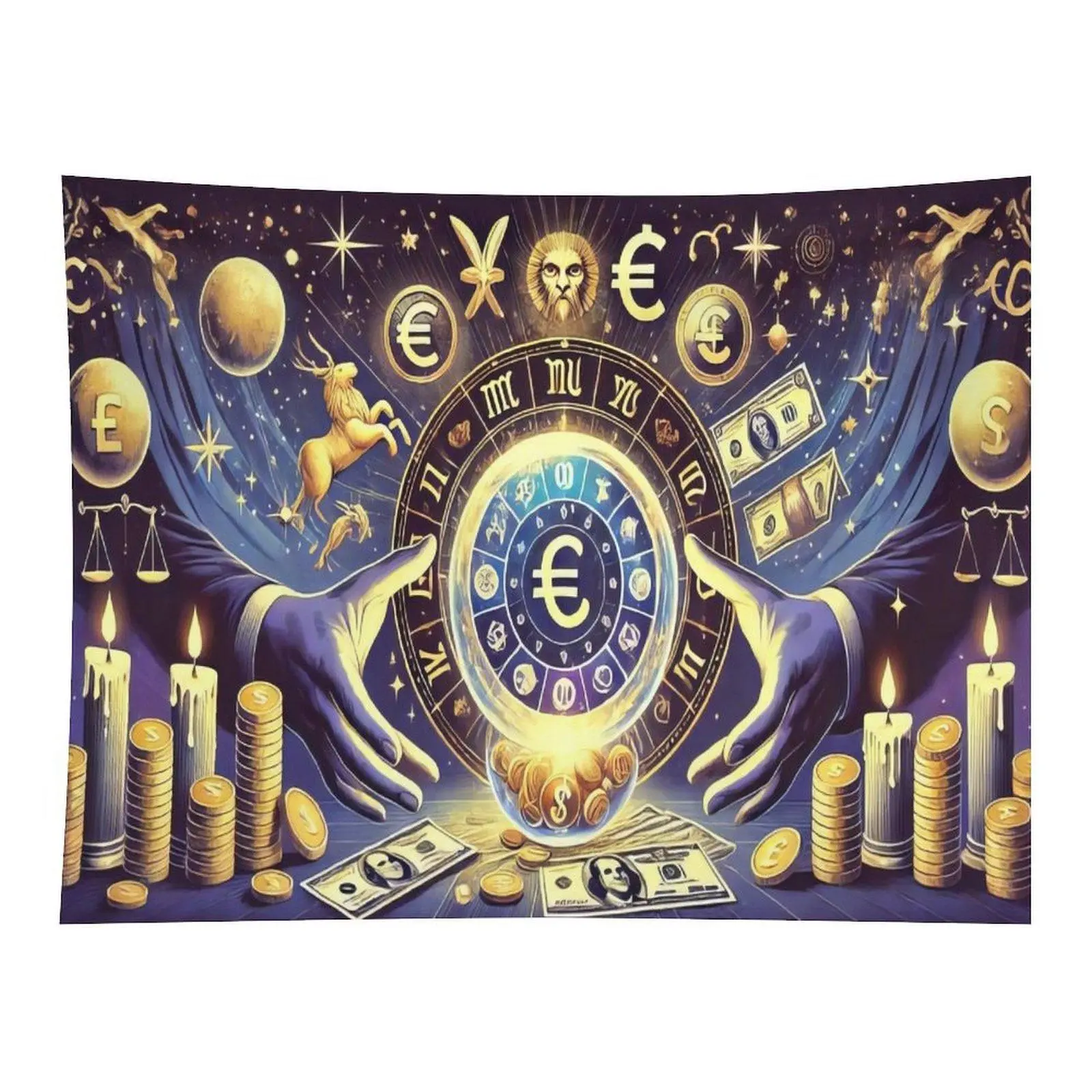 Zodiac Money Astrology Crystal Ball Euro Dollar Coin Candle Dark Starry Sky Wall Tapestry Wall Hanging, Wealth Witchy Fortune Mystic Occult Decor for Moody Altar Ornament