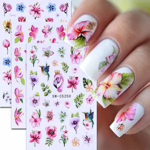 3-Pack Flamingo Lotus Tropical Floral Nail Art Stickers, 3D Colorful Vibrant Petal Spring Bloom DIY Self-Adhesive Decals for Women and Girls, Nail Art Sheet
