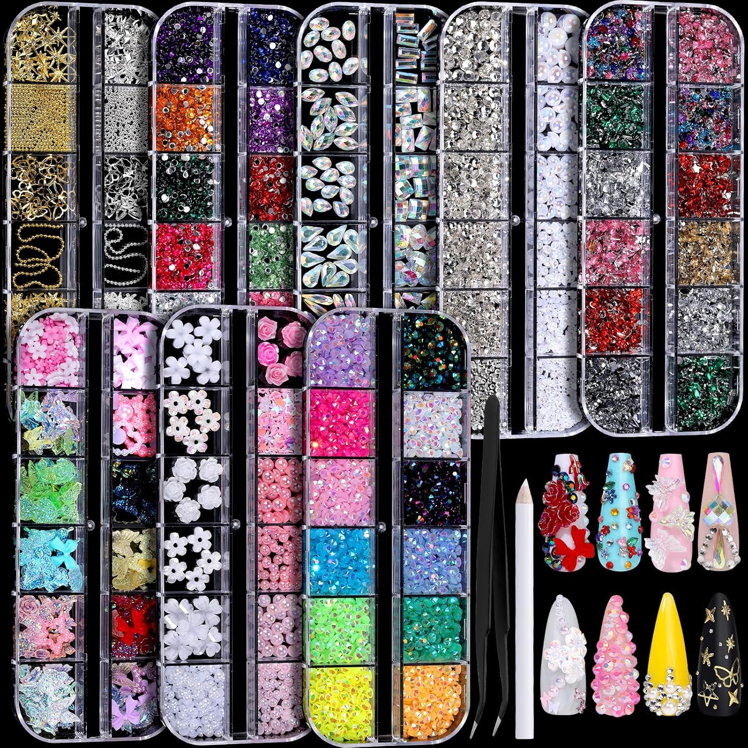 Nail Charms, Nail Rhinestones Kit with 8 Boxes of Nail Gems, 3D Charms for Nails, Colorful Clear Flatback Rhinestones, Multi Shape Pearls Jewels Crystals for Craft, Bedazzling Kit, Nail Supplies