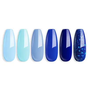 Blue Gel Nail Polish Set 6 Colors, Royal Blue Sky Blue Glitter Navy Blue Nail Gel Polish Kit Light to Dark Shades Soak Off Nail Art Salon Design Home Manicure Holiday Gifts for Women Girls
