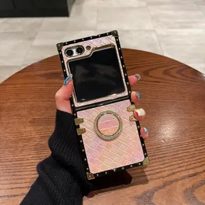 Colorful Aesthetic Woven Texture Electroplated Square Case, Flip Cover Ring Stand Full Protection for Samsung Zflip3/4/5/6/7, Foldable Phone Case, Accessories
