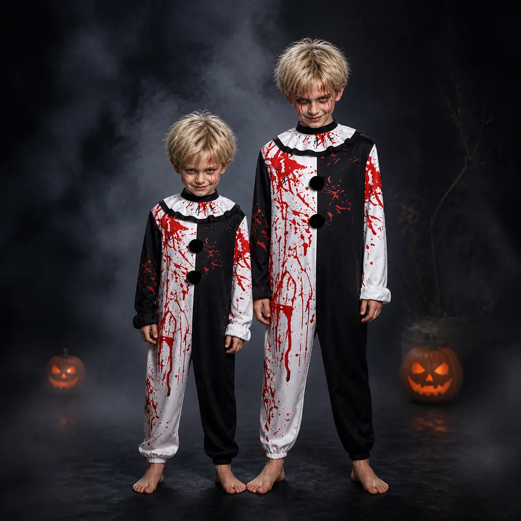 Kid and Adult Clown Costume Jumpsuit Women Men Black and White Halloween Outfit Scary Killer Cosplay for Boys Girls Perfect for Family -Parent‑Child Sleepwear Activities Clear Clothes