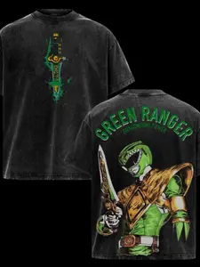 Men's Heavyweight Vintage Green "Rider/Electric Superman" Graphic T-Shirt — Y2K Streetwear Style. Features front and back prints with a nostalgic 90s vintage design. Machine washable. The perfect gift for fans. Casual Hip-Hop style.