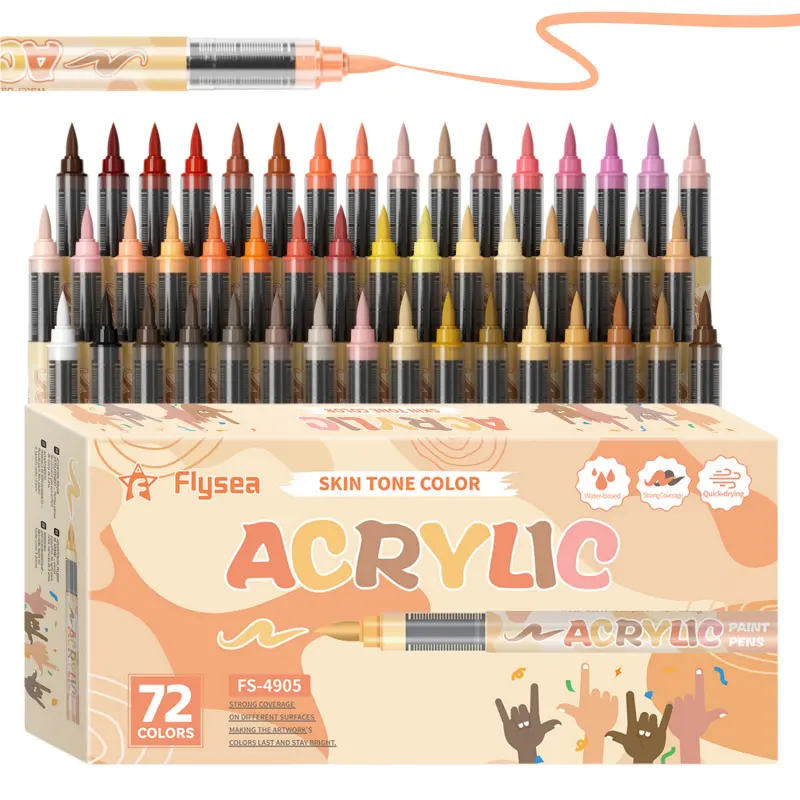 72-Color Skin Tone Acrylic Paint Marker Pens, Brush Tip Acrylic Markers for Rock Painting, Ceramics, Canvas, Wood, Glass, Scrapbooking & DIY Crafts, Non-Toxic Ink