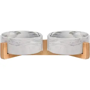 Marble Black Ceramic Cat Dog Bowl Dish with Wood Stand No Spill Pet Food Water Feeder Cats Small Dogs Set of 2 LIONWEI LIONWELI