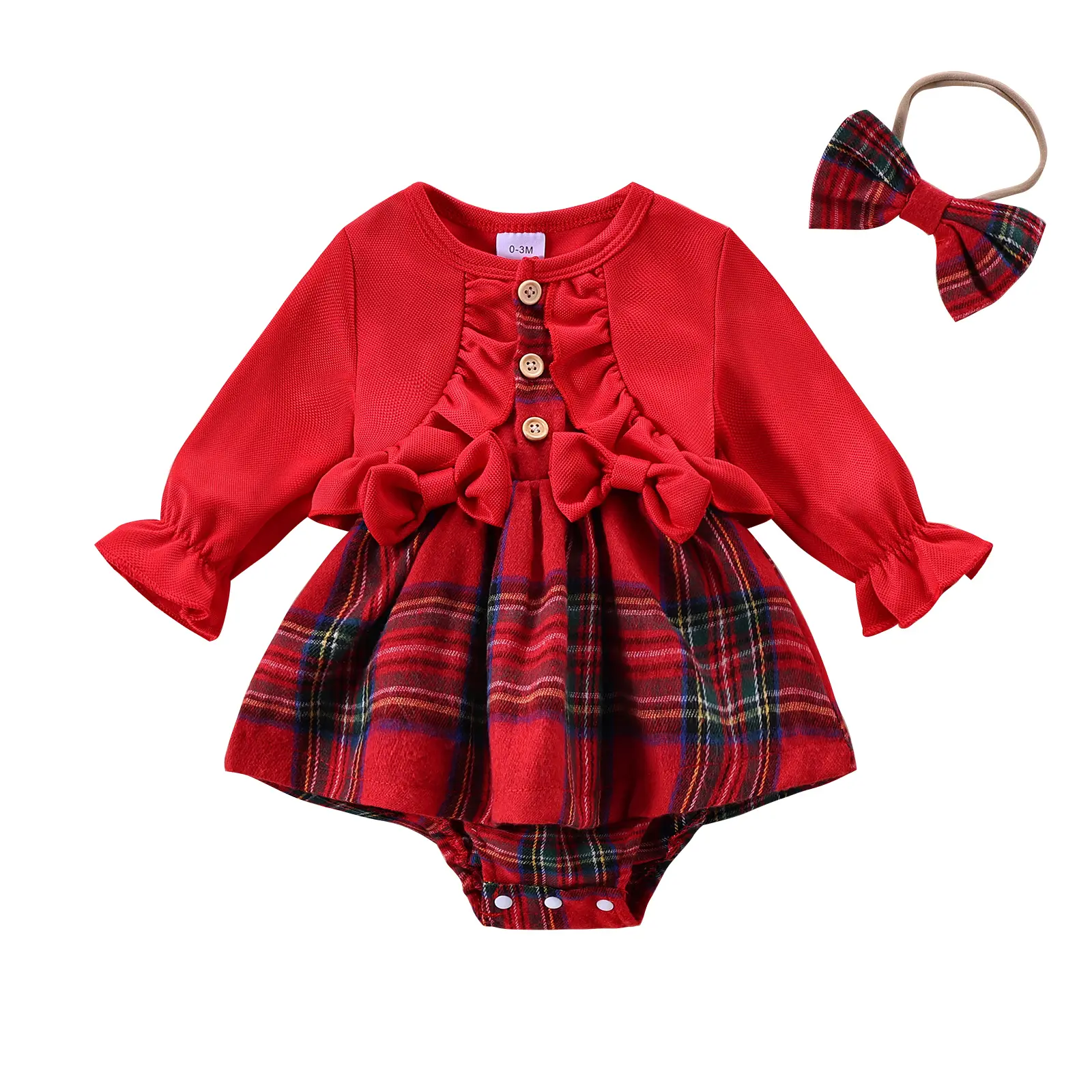 Newborn Infant Baby Girls Christmas Romper Dress Long Sleeve Red Ruffles Plaids Bodysuit With Headband Clothes