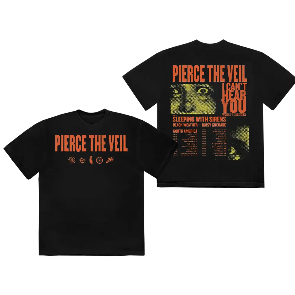 Pierce the Veil I Can't Hear You 2025 World Tour T-Shirt, Unisex Graphic T-Shirt, Concert Merch Design, North America Tour Dates, Soft Cotton Apparel for Rock Fans