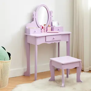 Kids Vanity Set with Mirror & Drawers, Princess Makeup Dressing Table and Stool Playset, Wooden Pretend Play Set for Room Decor