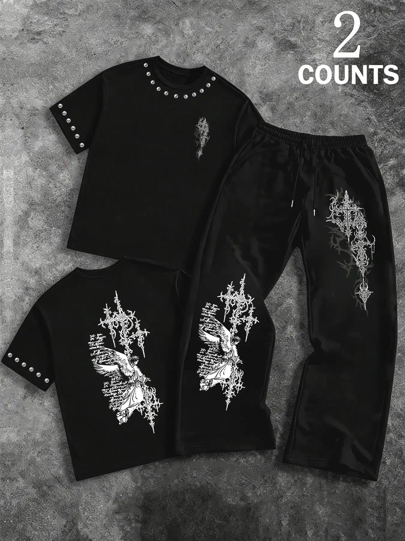 Men's American Dark Street Style Rivet Print Set, Angel Cross Totem Print, Metal Rivet Decoration, Drawstring Waist, Casual/streetwear Two-Piece Set