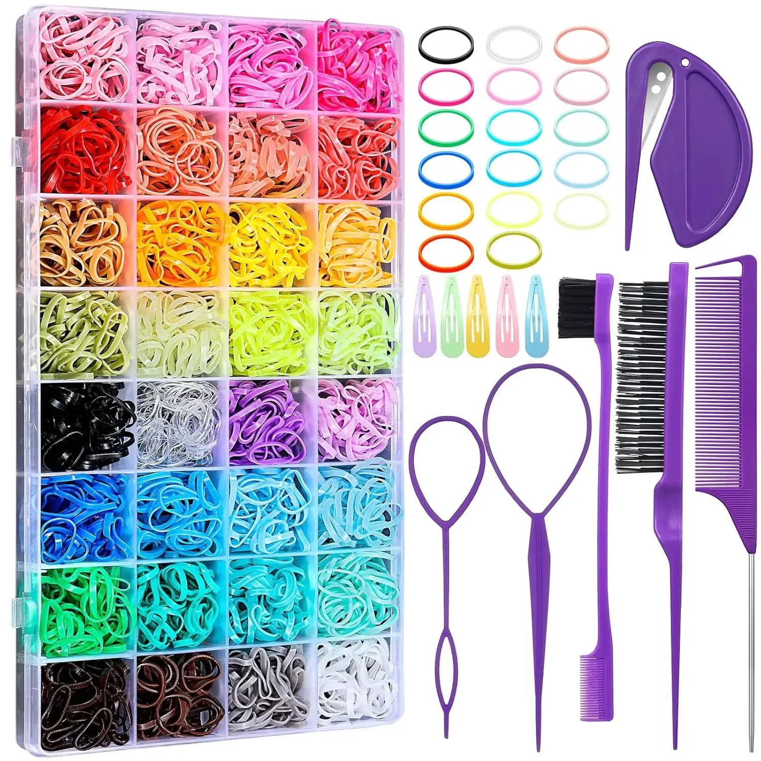 Girls' Small Elastic Hair Rubber Bands Set - 2000 Pcs with 16 Styling Tools (Rat Tail Comb, Teasing Brush), Elastic Cutter, for Ponytail Hairstyles, Braids Hairstyles, All Hair Types, Christmas Accessories, Easy Removal