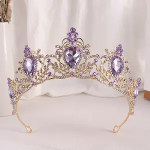 Purple Crystal Bride Wedding Crown Baroque Headdress Bridal Tiaras Crowns Women Headwear Party Wedding Hair Jewelry Accessories