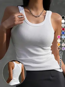 Women's Solid Color Ribbed Sports Tank Top, Regular Fit Comfortable Breathable Sleeveless Sports Top for Yoga Workout, Ladies Sportswear for All Seasons, Gym Workout Tops, Fitness Top, Ribbed Sports Vest