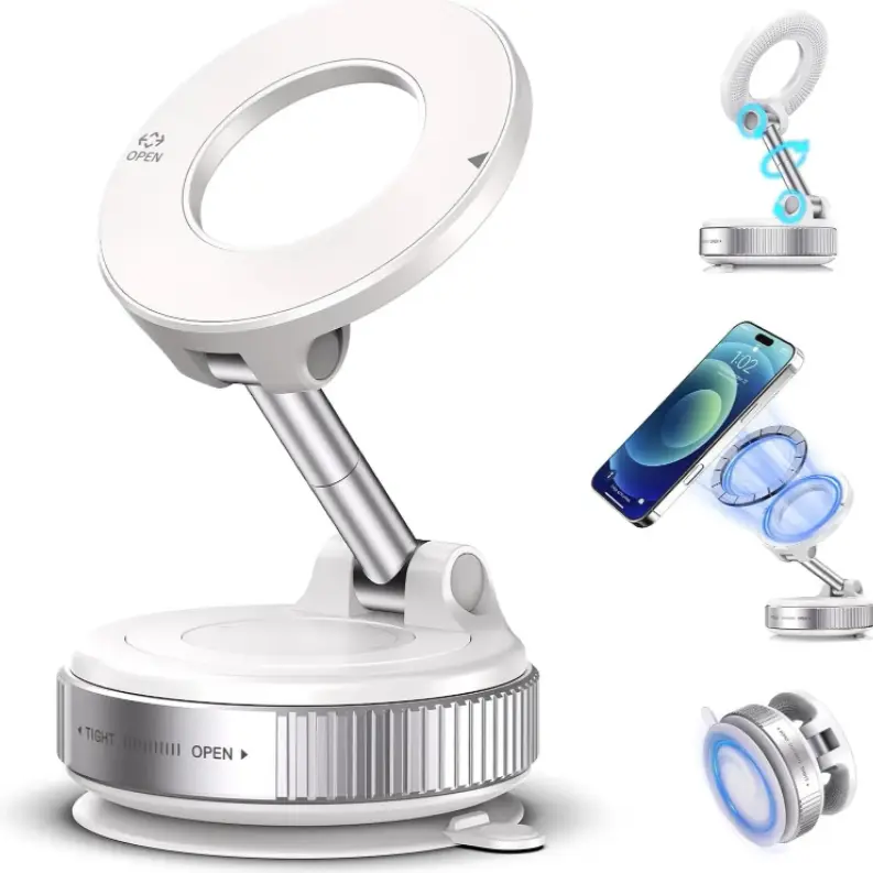 Upgraded Vacuum Suction Magnetic Phone Mount, 360° Rotatable Foldable Cell Holder for Car Dashboard & Windshield