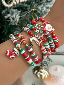 Women Christmas Theme Handmade Jewelry Set, Santa Claus Tree Deer Donut Snowflake Pendant Bracelet, Casual Daily Wear Gift