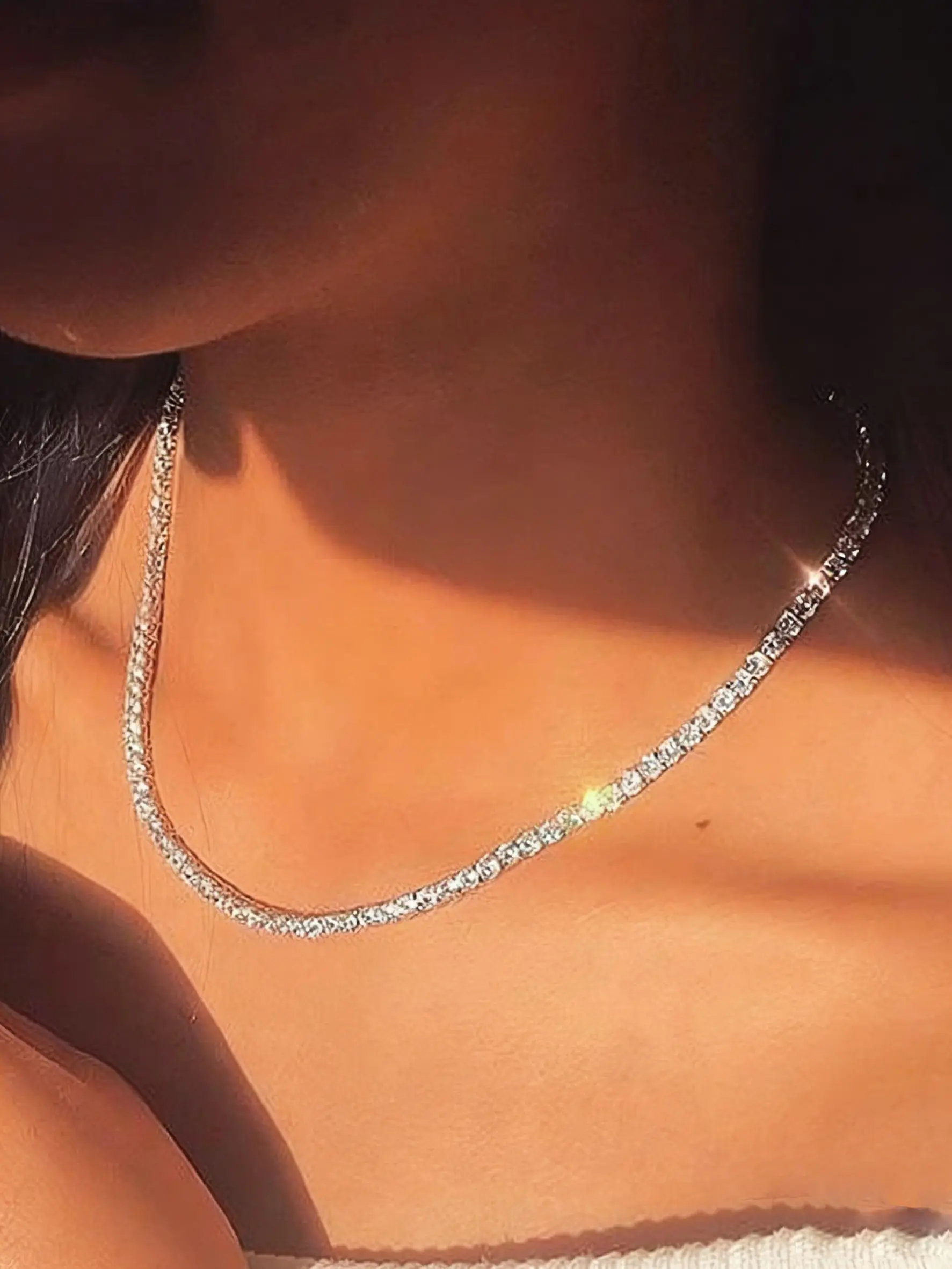 Tennis Rhinestone Necklace for Women, Silver Rhinestone Choker Necklace for Women, Dainty Cubic Zirconia Cut Faux Diamond Chain