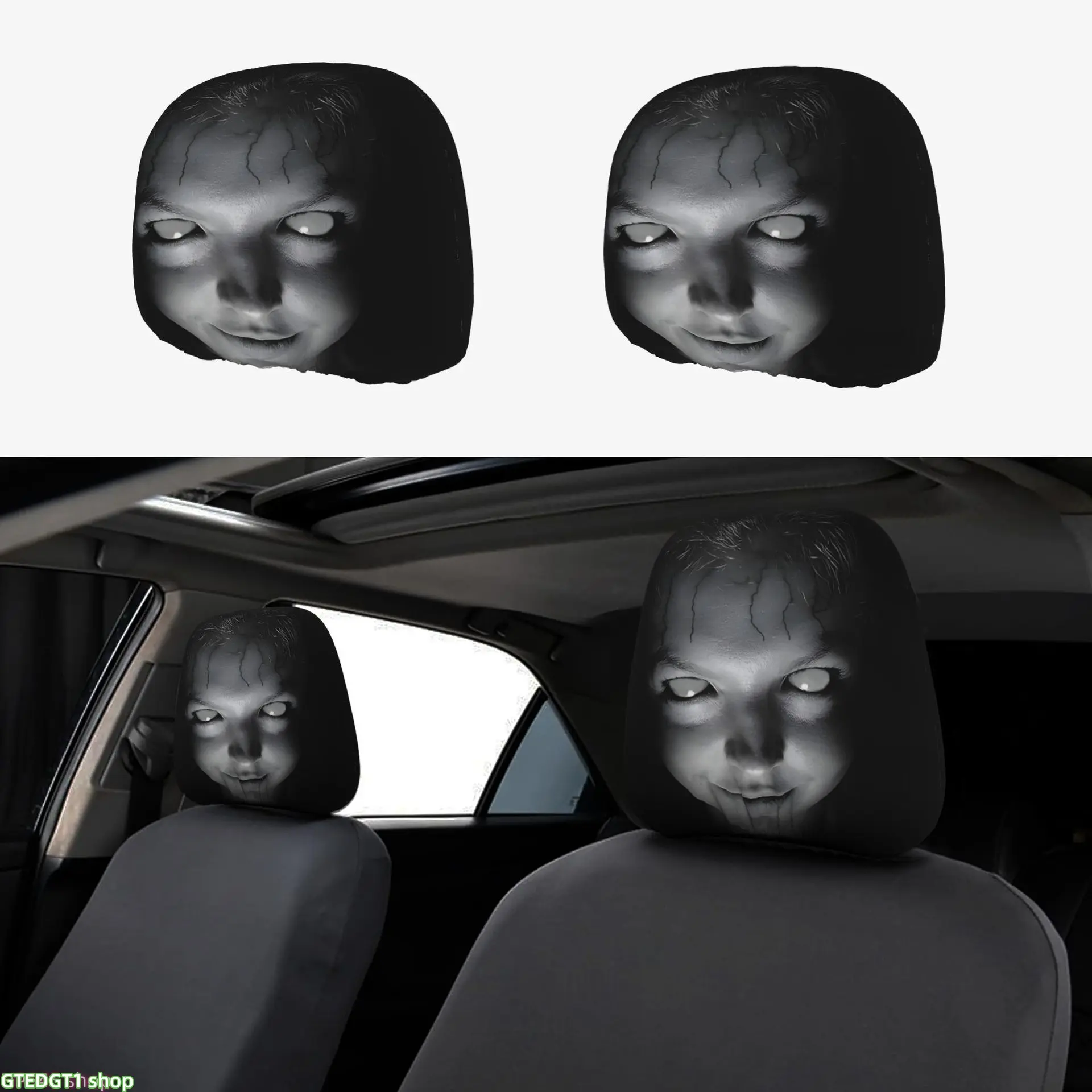 2 PCS Gothic Style Creepy Ghostly Woman Face Print Car Headrest Covers, Universal Elastic Soft Headrest Protector, Spooky Haunted Horror Face Pattern Auto Seat Head Rest Covers for SUV, Truck, Sedan, Car Interior Decor
