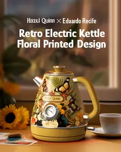 Hazel Quinn X Eduardo Recife Collaboration Electric Retro Tea Kettle with Thermometer - 1.7 Litres / 57.5 Ounces, All Stainless Steel, Fast Boiling 1200W, Cordless, BPA-free, Automatic Shut-Off