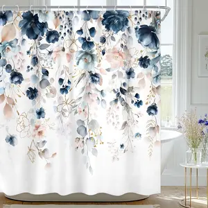 Blue Floral Flower Shower Curtain, Cute Navy Flower Shower Curtain, Pastel Watercolor Plant Eucalyptus Leaf Girly Botanical Rustic Country 72Wx72L Inch Bath Bathtub Set Accessories Home Decor