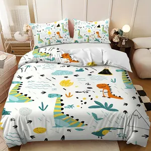 Bedding 3-piece set - 3PCS,Blue, White and Yellow Dinosaur Fun Pattern Down Comforter Set (1 comforter cover + 2 pillowcases, filling not included) - soft and comfortable, suitable for family bedrooms.