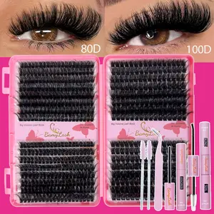560PCS Cluster 80D100D False Individual Lash Kit, Include Bond, Seal, Remover, Tweezers & 2 Brushes, Mixed Style & Length C/D Curl Individual Cluster Lashes Home DIY Lash Extension False Eyelash Extensions for Women
