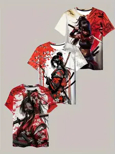 Men's 3-Pack Casual Round Neck Short Sleeve T-Shirts, Samurai Print Design, Breathable Summer Outdoor Wear, Comfortable Sports Clothing