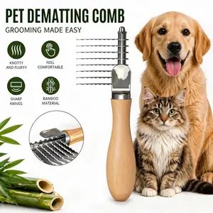 Spoiled Paws Dog Dematting Comb & Rake, Stainless Steel Pet Grooming Brush for Mats & Tangles, Gentle Undercoat Rake for Doodles, Poodles, Goldendoodles, Long/Short Haired Dogs & Cats, Non-Slip Wooden Handle