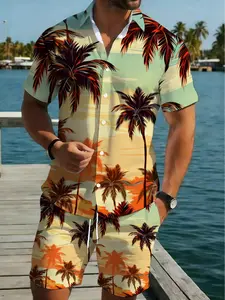 Men's tropical palm pattern shirt and shorts set, lightweight polyester beachwear, suitable for vacations, outdoor activities, poolside or resort wear, with bright orange and green pattern design, comfortable and durable summer clothing