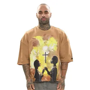 Men's Oversized T-Shirt with Cross and Praying Figures Graphic Print in Brown Color