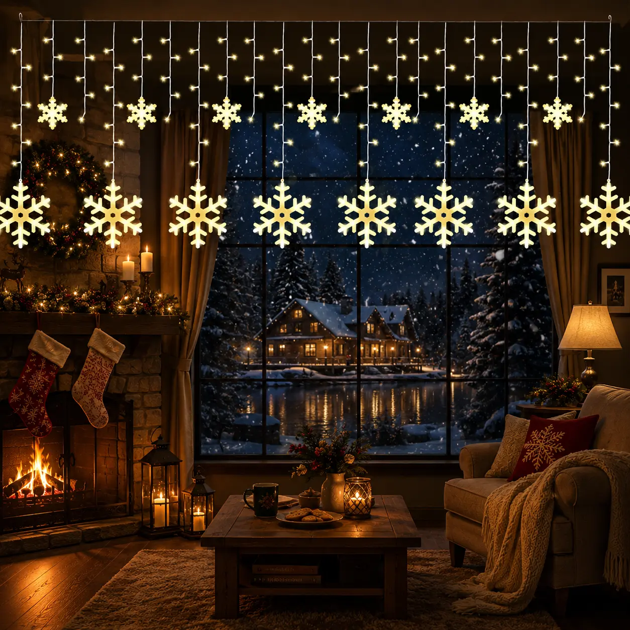 Contemporary Plastic Warm White Snowflake Christmas Curtain Lights, 11.5Ft 158-LED Battery-Operated (Batteries Not Included), Connectable String Lights for Indoor Outdoor Holiday Decorations, Outdoors, Light-Up Feature Decorative Lights
