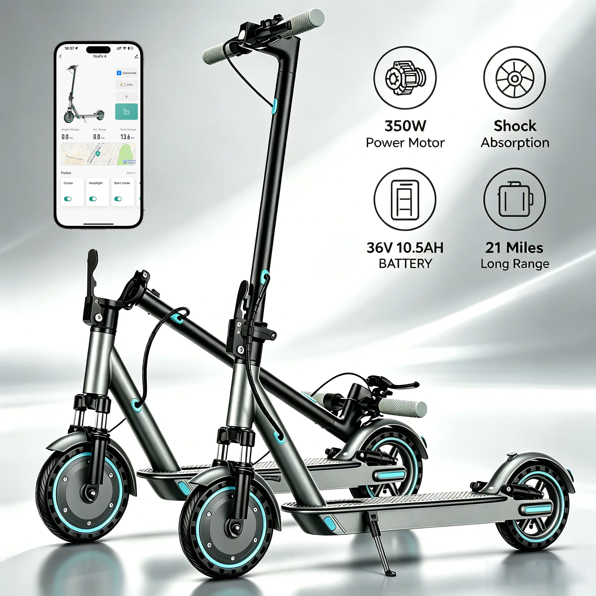 10.5AH Battery Front and rear shock absorption  daily commuting Electric Scooter, endurance mileag=21miles 350W Motor, 19Mph Max Speed, 8.5" Tires, APP Control, Foldable for Adults/Teens, 120kg Load.