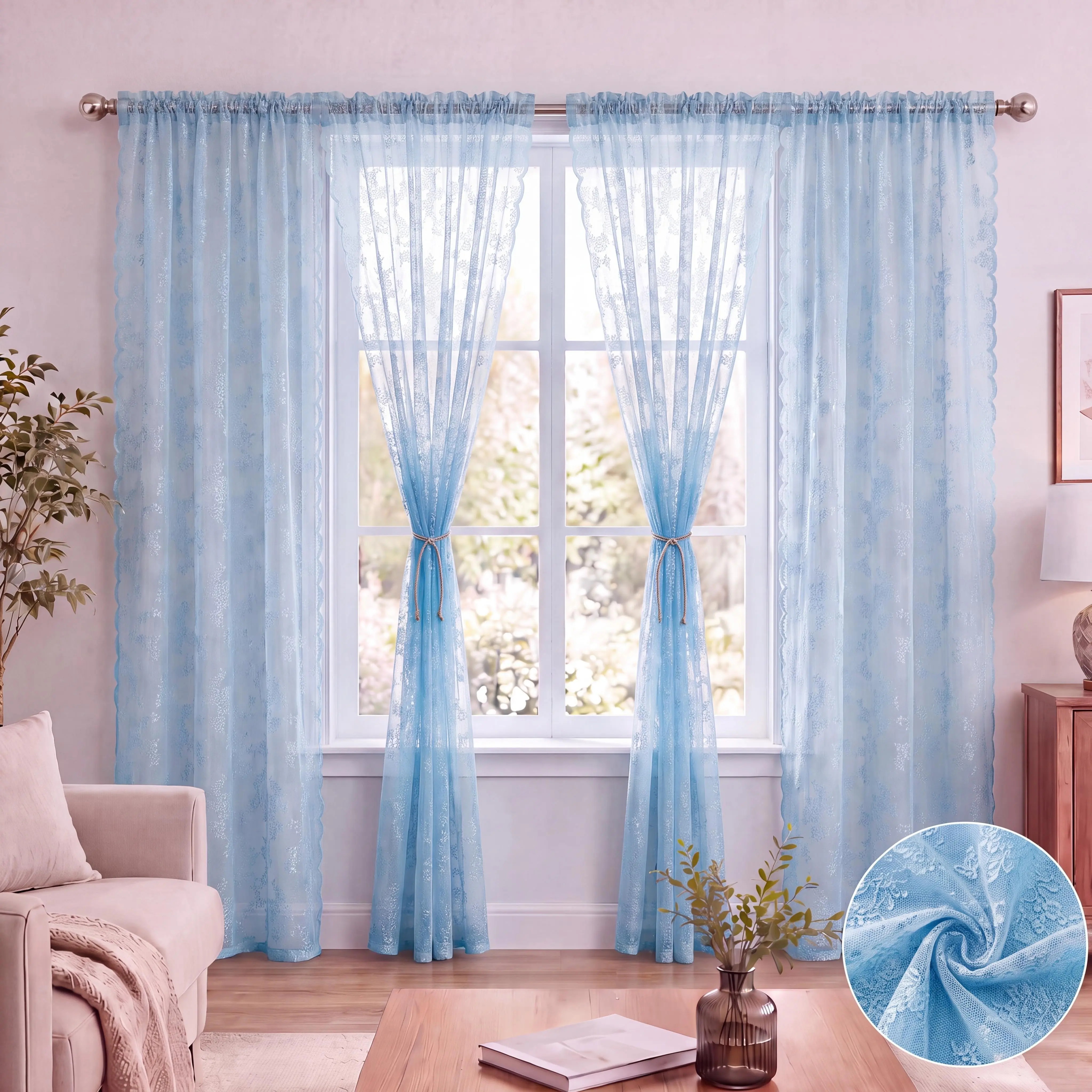 4-Piece Stretch Warp Knitted Mesh Sheer Curtains with Lace Trim, 52x84in Rod Pocket Net Drapes, Flat Weave Vintage Home Decor, Hand Wash Only (L46 822)