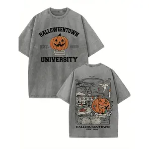 Pumpkin Lantern Haunted House, A Combination Of Retro And Street Style, Versatile In All Seasons, Classic Retro Fashion And Casual Halloween Pumpkin Architecture Popular Letter Pattern Printing Boutique 230g Washed Cotton T-Shirt
