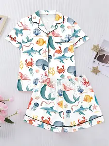 Women's Mermaid Print Pajama Set, Comfortable Short Sleeve with Elastic Waist Shorts, Fashion Homewear for Holidays and Casual Nights