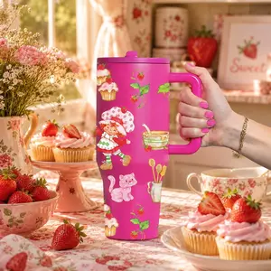 1 Pc 40oz Strawberry Dessert Character Insulated Mug, Pink Thermal Mug With Handle, Cupcake, Strawberry, Baking Cat Print, Double Wall, Leak Proof Lid, Keeps Hot 12 Hours Cold 24 Hours, Large Capacity Hot Cold Drinks Gift For Women Men Holiday